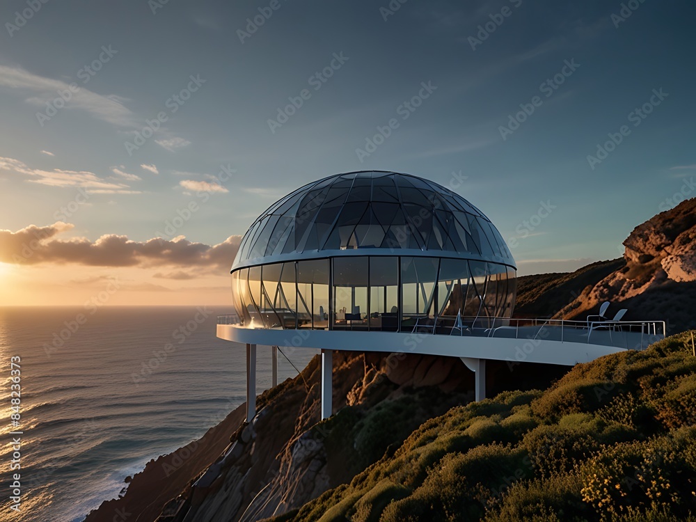 Obraz premium A futuristic dome-shaped house made entirely of glass against a vibrant, futuristic cityscape backdrop.