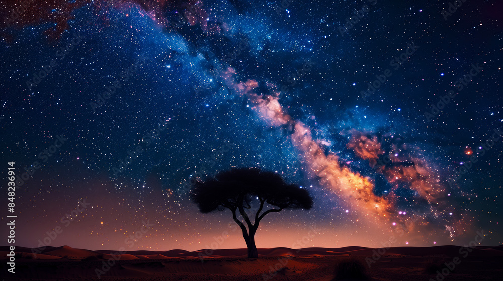 A wide-angle shot of a starry night sky with the silhouette of a solitary tree in the foreground, set against the serene landscape of a desert, capturing the beauty of nature and the cosmos. A wide-angle shot of a starry night sky with the silhouette of a solitary tree in the foreground, set against the serene landscape of a desert, capturing the beauty of nature and the cosmos.