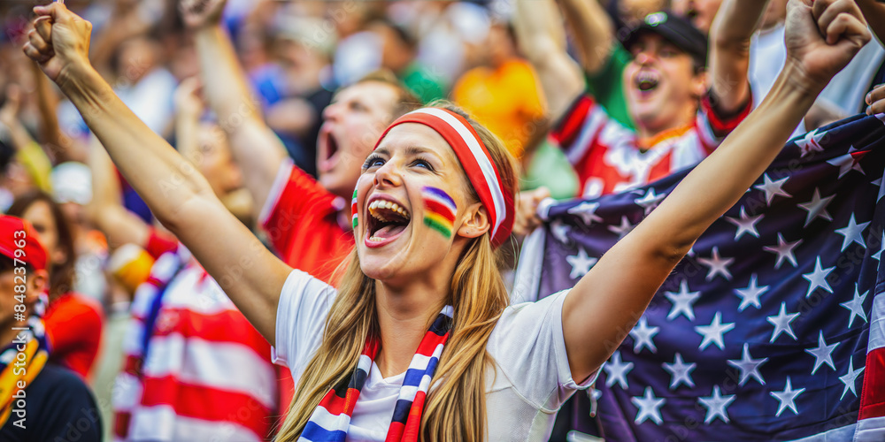Enthusiastic female supporter celebrating at Soccer World Championship Enthusiastic female supporter celebrating at Soccer World Championship