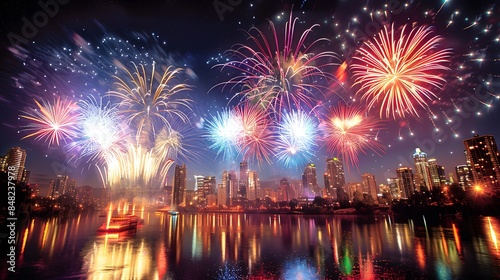 A wide-angle shot of a large fireworks display over a major city, with reflections on a nearby river. List of Art Media Photo