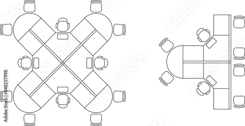 Vector silhouette illustration sketch of detailed architectural design for arranging work desk furniture in the office for workers