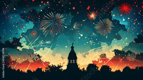 An artistic poster with a silhouette of the Liberty Bell and fireworks, emphasizing the history and celebration of the day. List of Art Media Illustration