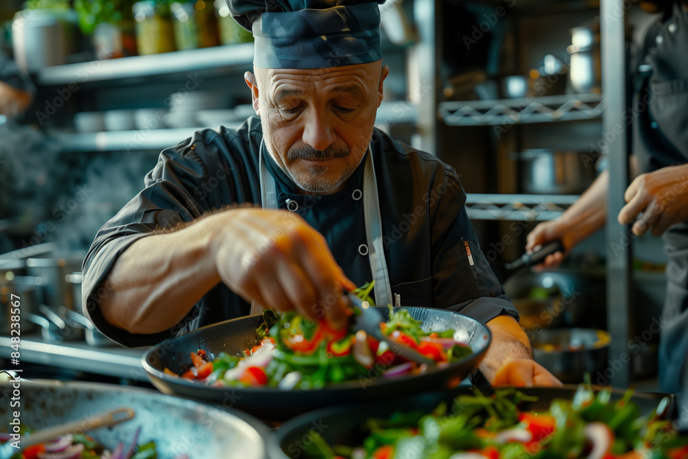 Caucasian man in chef uniform cooking vegetarian food in restaurant kitchen. Caucasian man in chef uniform cooking vegetarian food in restaurant kitchen.