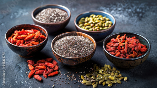 Selection of superfoods in bowls: chia seeds, goji berries, and nuts