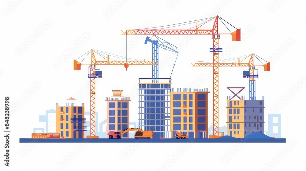 A construction site with tower cranes is portrayed against a white isolated background indicating the construction of multistorey buildings A construction site with tower cranes is portrayed against a white isolated background indicating the construction of multistorey buildings
