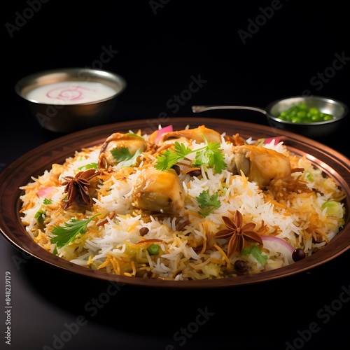 Spicy biryani rice dish with chicken and meat pieces, famous dish Biryani