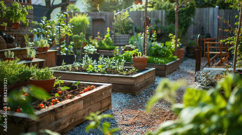 Small urban garden with raised beds and potted plants Small urban garden with raised beds and potted plants