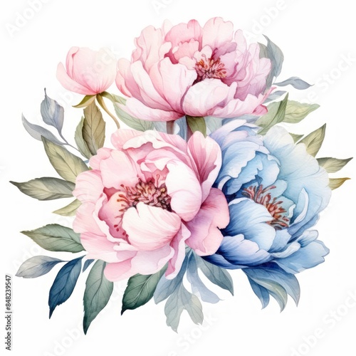 Pink peony flower bouquet watercolor painting, floral illustration. Valentine, Woman's day and Mothers day concept, art for design poster, greeting card, wedding invitation