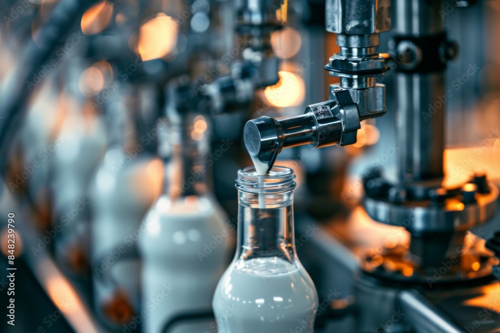 Modern automated milk bottling process in industrial factory Modern automated milk bottling process in industrial factory