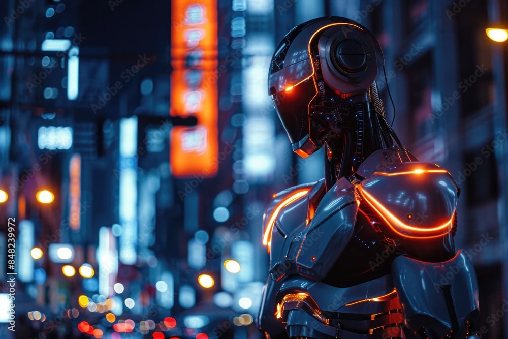 Robot in urban landscape at night Robot in urban landscape at night