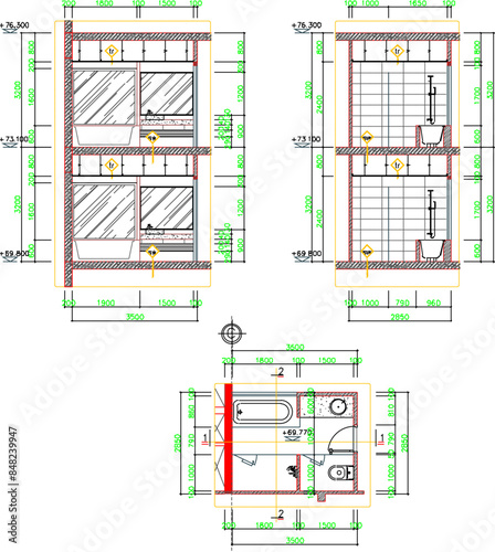 ector silhouette illustration sketch, detailed drawing of architectural engineering design, floor plan and bathroom interior with a size scale