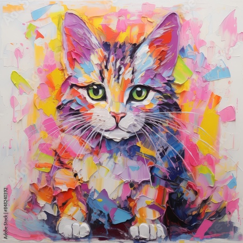 Colorful cat impasto oil painting, cute kitty on grey background. Illustration for poster, print, wed design, banner. Summer design. 