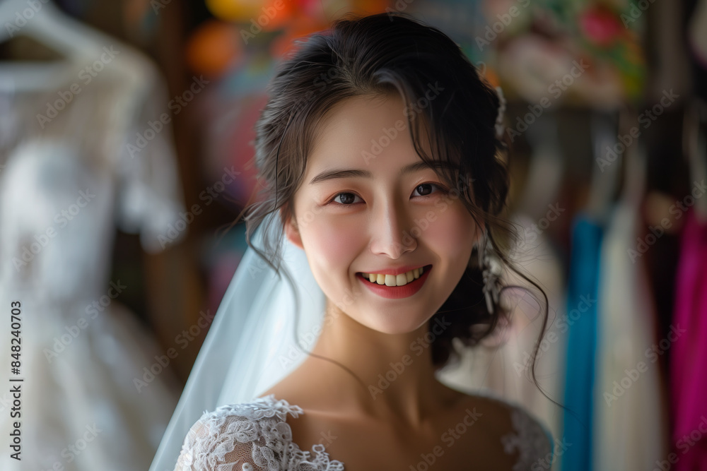 Naklejka premium Asian woman in wedding dress looking at camera with confidence in wedding dress shop.