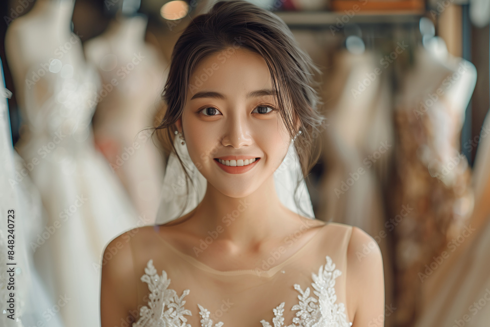 Asian woman in wedding dress looking at camera with confidence in wedding dress shop. Asian woman in wedding dress looking at camera with confidence in wedding dress shop.