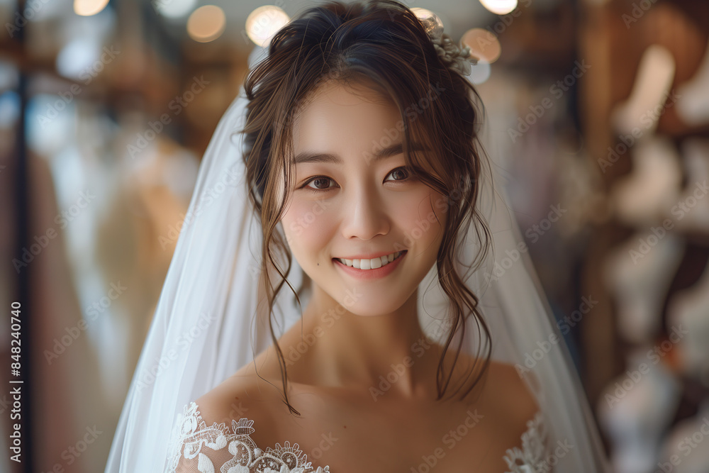 Asian woman in wedding dress looking at camera with confidence in wedding dress shop. Asian woman in wedding dress looking at camera with confidence in wedding dress shop.