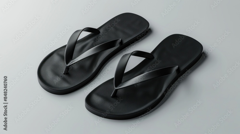 A design template for beach flipflops slippers is illustrated featuring a realistic 3D blank mockup This design mockup showcases black beach slippers sign flipflops suitable for A design template for beach flipflops slippers is illustrated featuring a realistic 3D blank mockup This design mockup showcases black beach slippers sign flipflops suitable for