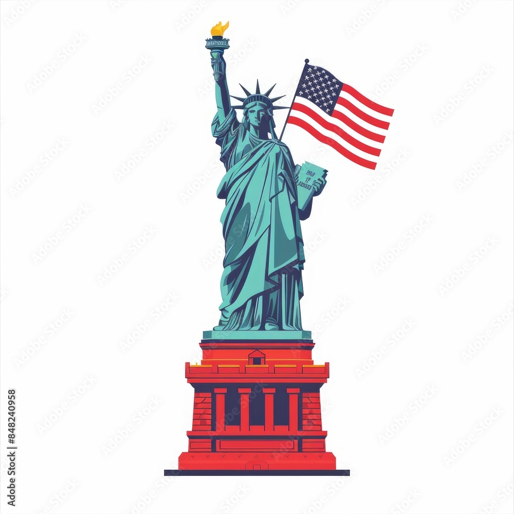 Naklejka premium Statue of Liberty with American Flag Pattern isolated on transparent, flat vector, simple, minimalistic, clipart, vector, resolution, tshirt, template