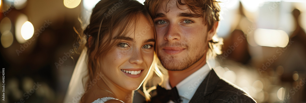 Caucasian couple in wedding dresses smiling happily at their wedding. Caucasian couple in wedding dresses smiling happily at their wedding.