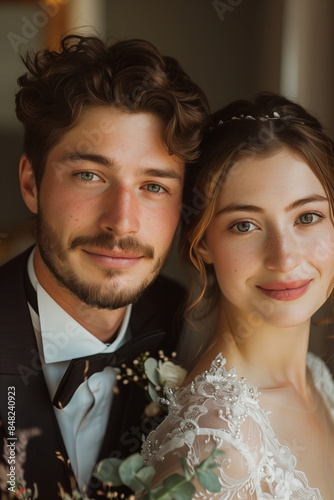 Caucasian couple in wedding dresses smiling happily at their wedding.