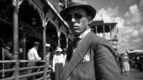 Grainy archival 1930's B&W portrait of young mafia gangster in NYC during the Great Depression. Confident and guarded expression.	