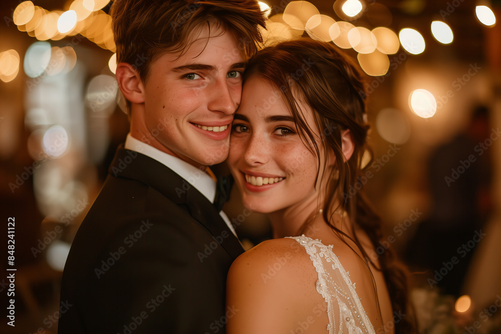 Caucasian couple in wedding dresses smiling happily at their wedding. Caucasian couple in wedding dresses smiling happily at their wedding.