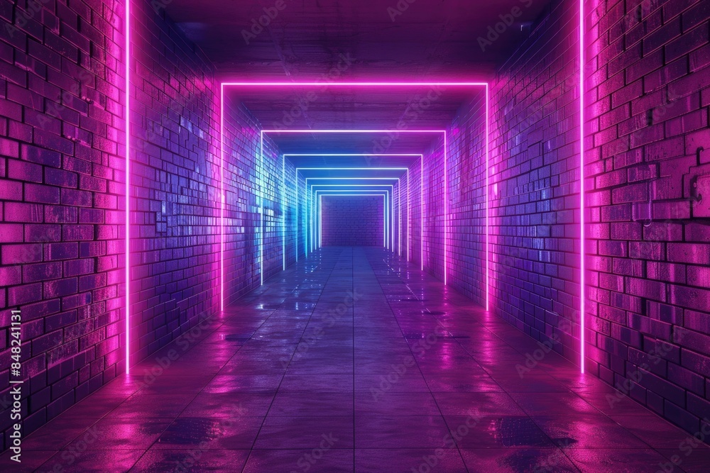 Background of an empty corridor with brick walls and neon light. Brick walls neon rays and glow Background of an empty corridor with brick walls and neon light. Brick walls neon rays and glow