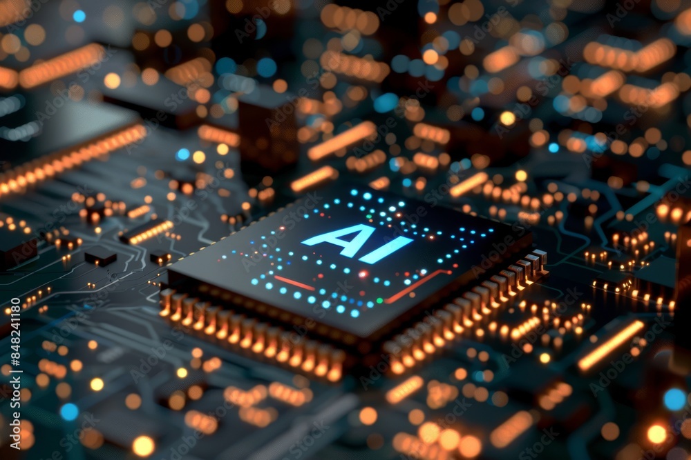 Close Up of AI Chip on Circuit Board, Representing Advanced Computing, Microtechnology, and Intelligent Systems Close Up of AI Chip on Circuit Board, Representing Advanced Computing, Microtechnology, and Intelligent Systems