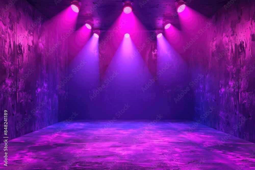 Background of empty room with spotlights and lights abstract purple background with neon glow Background of empty room with spotlights and lights abstract purple background with neon glow