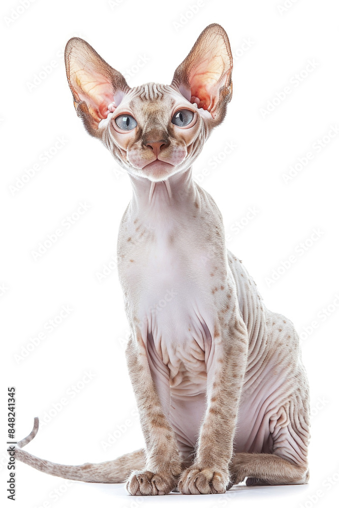 Sphynx Cat Portrait on White Background - Hairless Feline with Blue Eyes and Large Ears - Unique and Elegant Pet Photography for Animal Lovers and Stock Image Collections