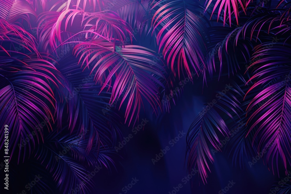 Neon palm leaves on deep purple tropical background. Neon palm leaves on deep purple tropical background.