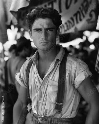 Grainy archival 1930's portrait of young carnival worker during the Depression. In the style of the FSA program during the Dust Bowl.