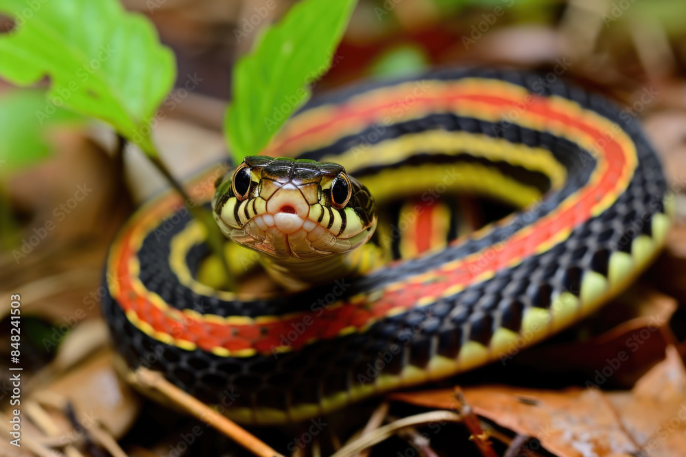 Close-Up of a Colorful Garter Snake in Natural Habitat with Vibrant Stripes and Detailed Scales, Surrounded by Leaves and Foliage, Capturing the Beauty of Wildlife and Reptiles in Nature Close-Up of a Colorful Garter Snake in Natural Habitat with Vibrant Stripes and Detailed Scales, Surrounded by Leaves and Foliage, Capturing the Beauty of Wildlife and Reptiles in Nature