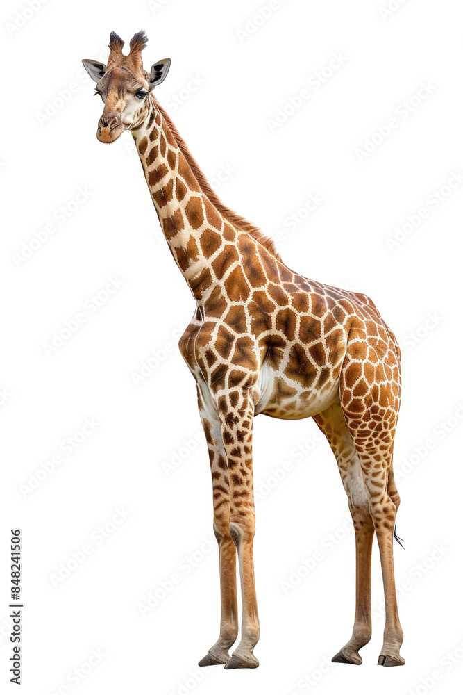 Tall Giraffe Standing Majestically Against a White Background, Showcasing Its Unique Pattern and Graceful Posture, Perfect for Wildlife, Nature, and Animal-Themed Projects and Publications Tall Giraffe Standing Majestically Against a White Background, Showcasing Its Unique Pattern and Graceful Posture, Perfect for Wildlife, Nature, and Animal-Themed Projects and Publications