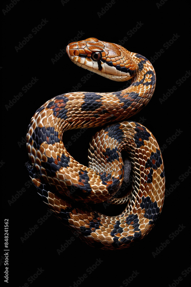 Close-Up of a Colorful Snake on a Black Background with Detailed Scales and Patterns, Perfect for Nature, Wildlife, and Reptile Enthusiasts Close-Up of a Colorful Snake on a Black Background with Detailed Scales and Patterns, Perfect for Nature, Wildlife, and Reptile Enthusiasts