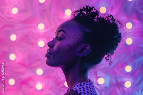 African American woman in studio with purple neon lights.