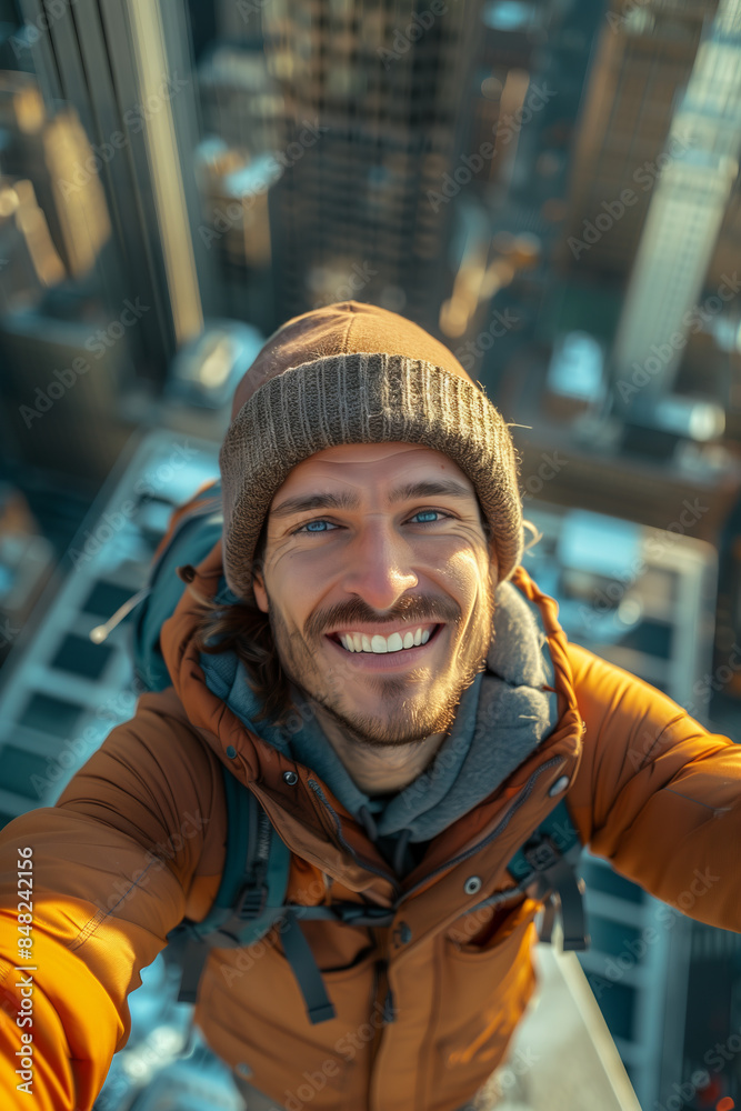 Backpacker Caucasian man with outstretched arms standing on the roof of a city building. Backpacker Caucasian man with outstretched arms standing on the roof of a city building.