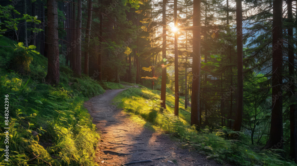 Obraz premium Sunlit path winding through a dense forest with tall pines