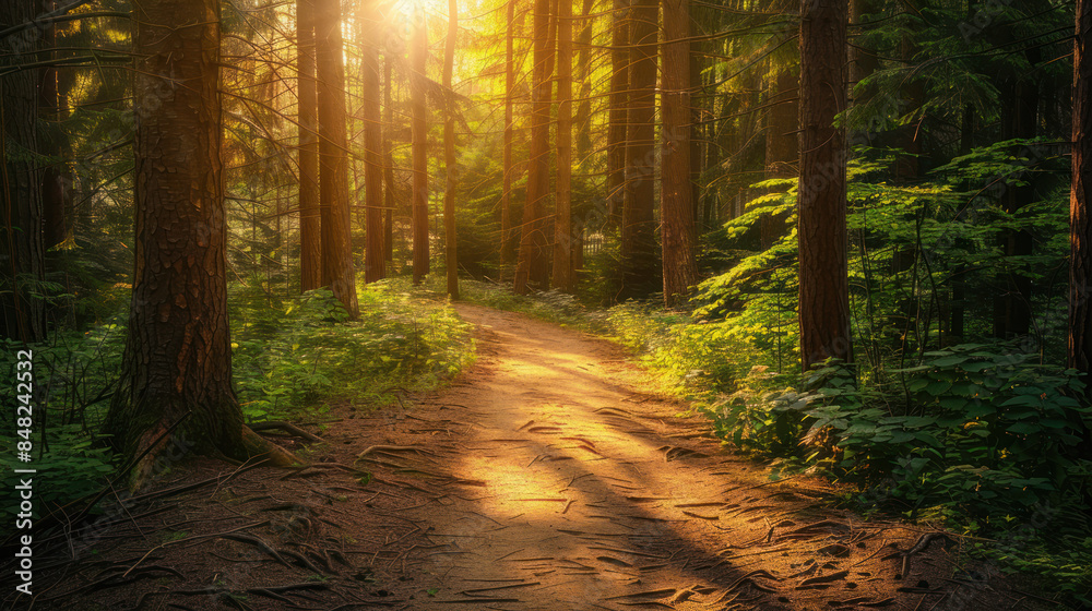 Obraz premium Sunlit path winding through a dense forest with tall pines