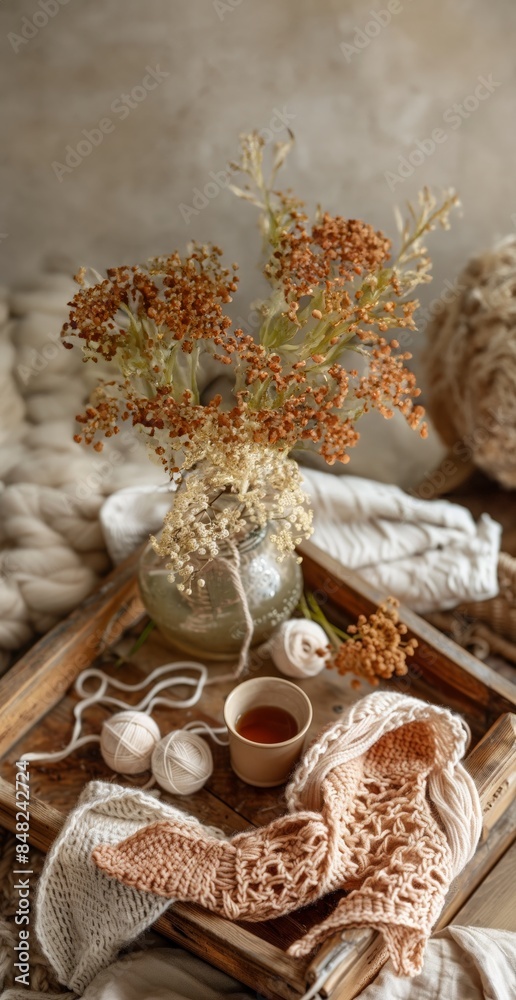 Cozy Autumn Knitting Scene with Warm Crochet Items, Yarn, and Dried Flowers in Rustic Setting** Cozy Autumn Knitting Scene with Warm Crochet Items, Yarn, and Dried Flowers in Rustic Setting**