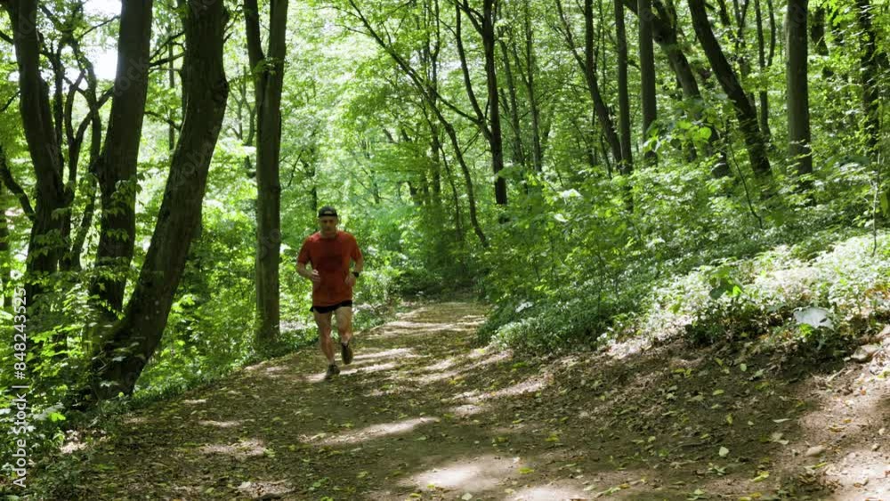 4k, a strong middle-aged man running through the forest, slow motion. 4k, a strong middle-aged man running through the forest, slow motion.