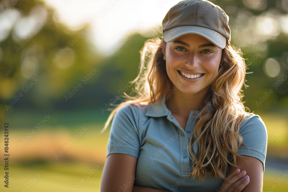 Caucasian woman looking at camera with confidence at golf course. Caucasian woman looking at camera with confidence at golf course.