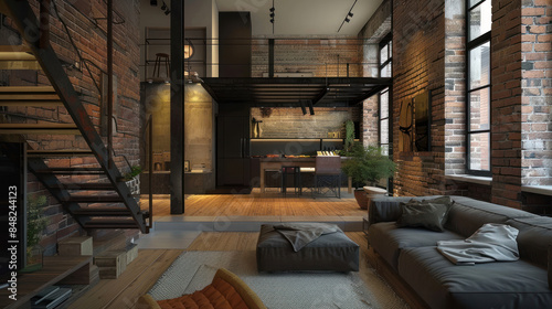 Trendy urban loft with exposed brick and modern furniture © NooPaew