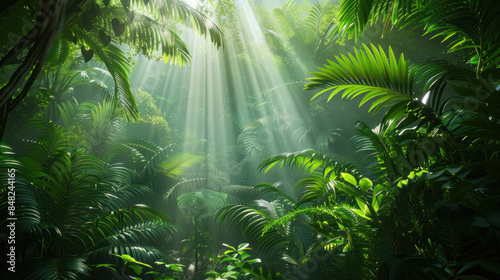 Tropical rainforest with lush foliage and sunlight filtering through