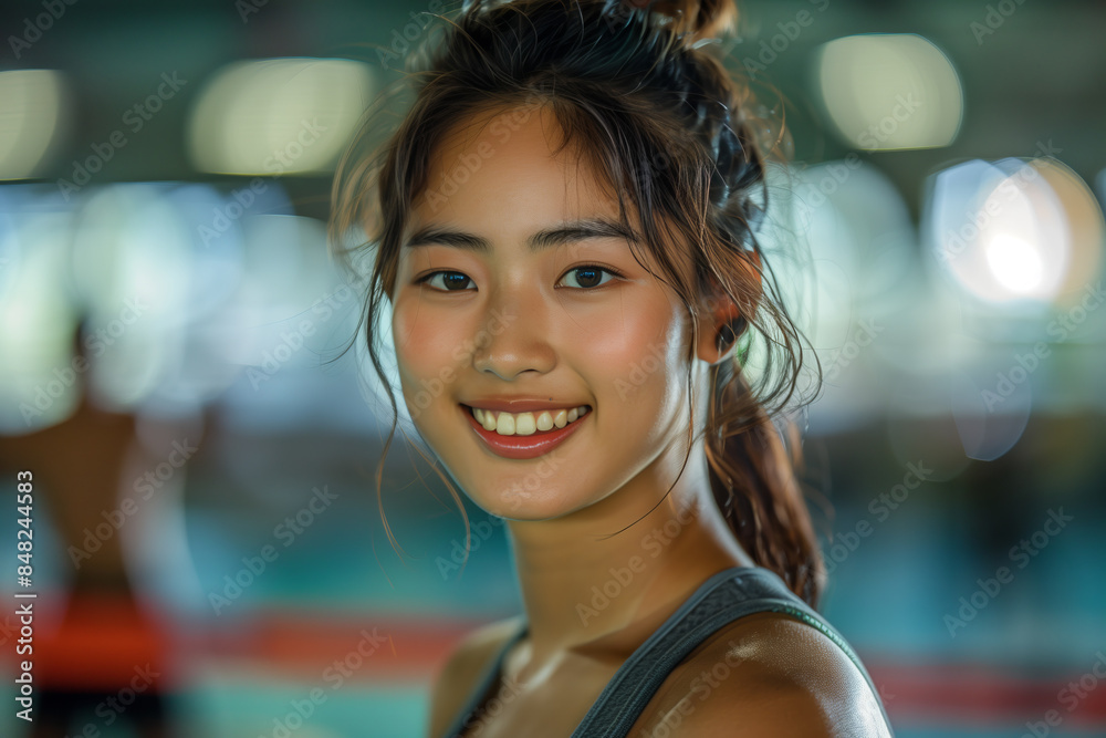 Asian female athlete looking at camera with confidence in boxing camp. Asian female athlete looking at camera with confidence in boxing camp.