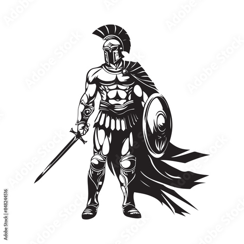 Spartan warrior with weapons and armor, logo. Vector illustration. Stock Vector 