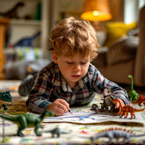 A photo of a boy with a thoughtful expression, lying on his stomach on a play mat, surrounded by dinosaur toys, as he concentrates on drawing a picture of a dinosaur