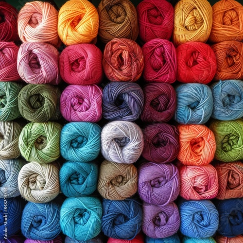 Colorful Yarn Balls Displayed in Neat Rows Varied Textures and Vibrant Colors for Knitting and Crocheting photo
