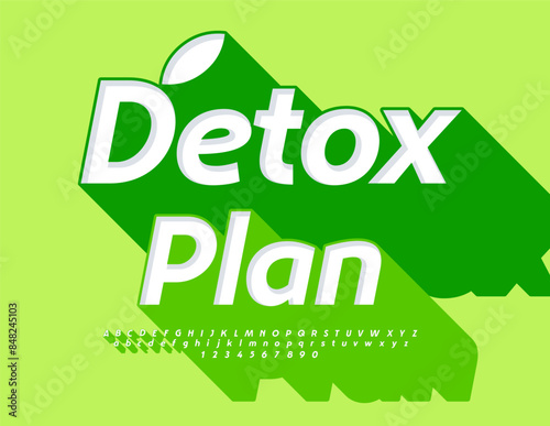 Vector eco template Detox Plan. Bright 3D Font with Big Green Shadow. Creative Alphabet Letters and Numbers set.