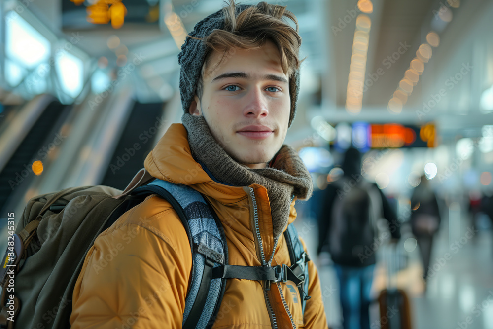 Caucasian male tourist walking in the airport terminal. Caucasian male tourist walking in the airport terminal.