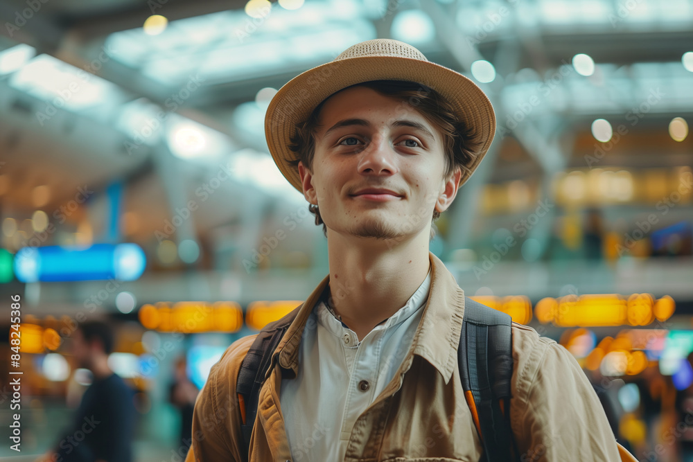 Caucasian male tourist walking in the airport terminal. Caucasian male tourist walking in the airport terminal.